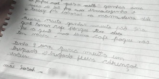 Menina de 8 anos escreve carta para o Papai Noel pedindo leite para irmão mais novo e pão: ‘Tem dia que não tem nada’