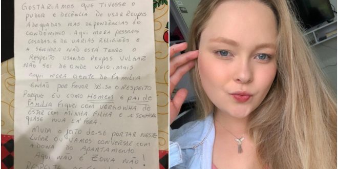 Jovem recebe carta de vizinho reclamando das roupas usadas por ela em condomínio no Paraná: ‘Aqui não é zona’, afirma morador