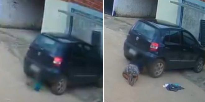 Pai atropela filho ao sair da garagem de casa e por um triz não atinge a cabeça do bebê em Águas Lindas de Goiás;