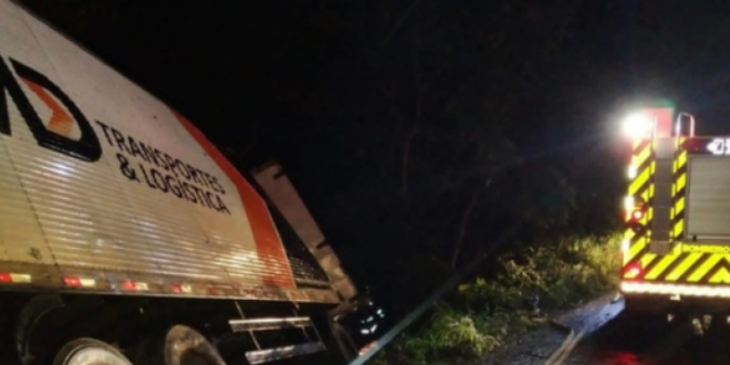 Motorista fica preso às ferragens após caminhão capotar na GO-080, Zona Rural de Goianésia