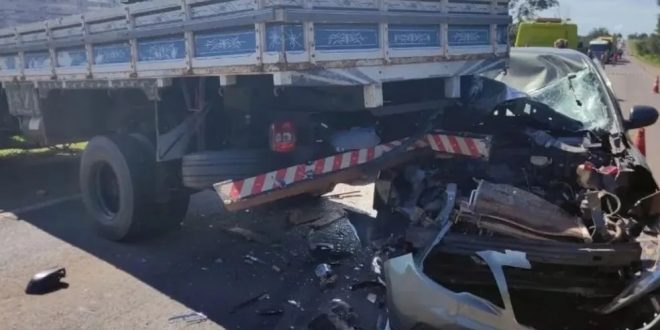 Idosa morre e filho dela fica ferido após acidente entre carro e caminhão na BR-153, em Goiás