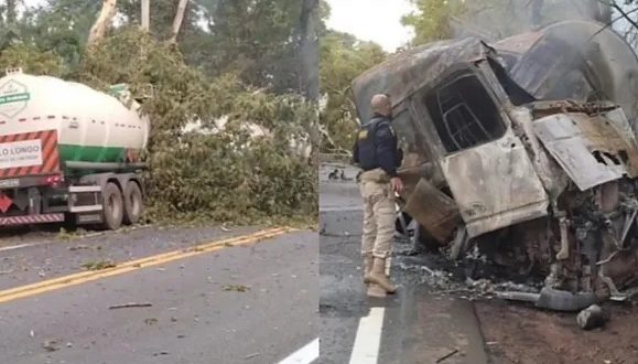 Motorista morre após carreta bitrem sair da pista na BR-153 bater em árvore e pegar fogo