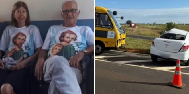 Casal de professores morre após carro ser atingido por ônibus escolar na GO-215