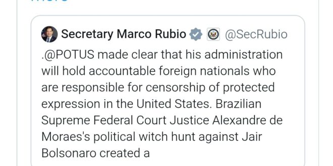 Secretário de Trump anuncia revogação do visto americano de Alexandre de Moraes e de ‘seus aliados no tribunal’