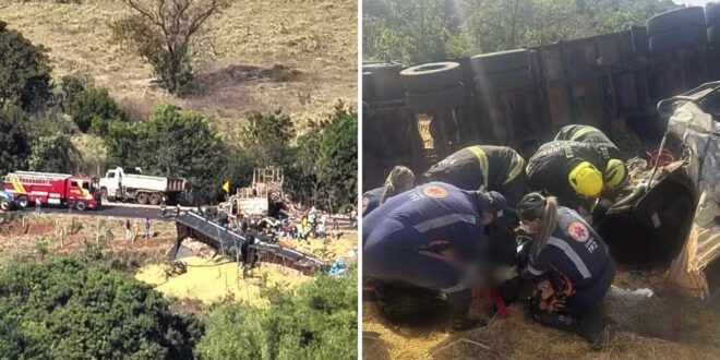 Acidente envolvendo quatro caminhões e um trator deixa dois mortos na GO-164