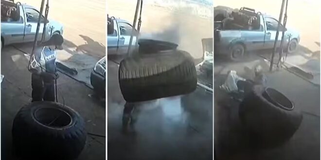 Pneu explode, e borracheiro é arremessado; vídeo é impressionante