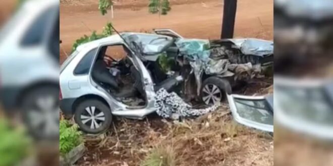 Carro com casal e bebê bate contra árvore na BR-153, e mulher morre, diz PRF
