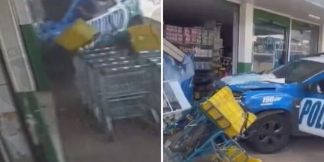 Viatura da PM invade supermercado após acidente durante perseguição