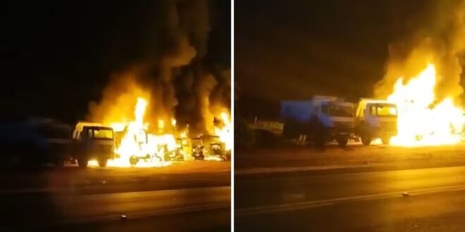 Caminhões usados na duplicação de trecho da BR-153 são destruídos em incêndio