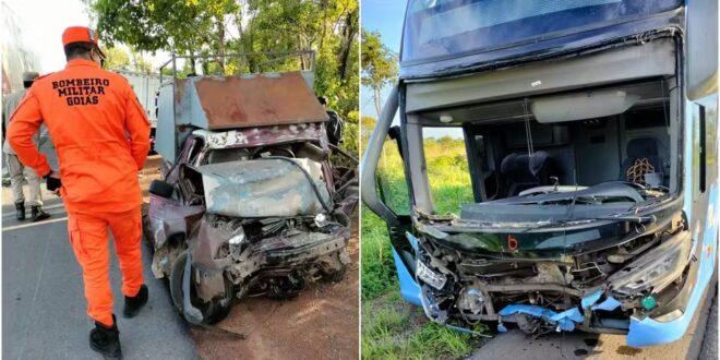 Motorista morre após carro bater de frente contra ônibus em rodovia de Goiás