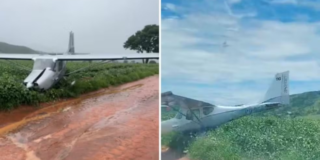 Piloto fez pouso de emergência no meio da plantação devido à chuva e ventos fortes