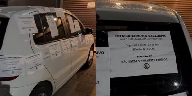 Comerciante cobre carro com avisos após motorista parar em vaga exclusiva em Goiânia