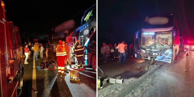 Acidente entre dois ônibus e três carros deixa passageiro morto, na BR-153