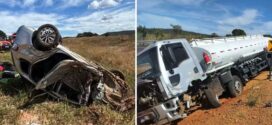 Motorista morre e esposa fica ferida em acidente entre carro e caminhão na GO-139