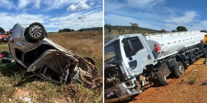 Motorista morre e esposa fica ferida em acidente entre carro e caminhão na GO-139