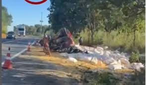 Caminhão carregado com milho capota na BR-153, entre Rianápolis e Jaraguá